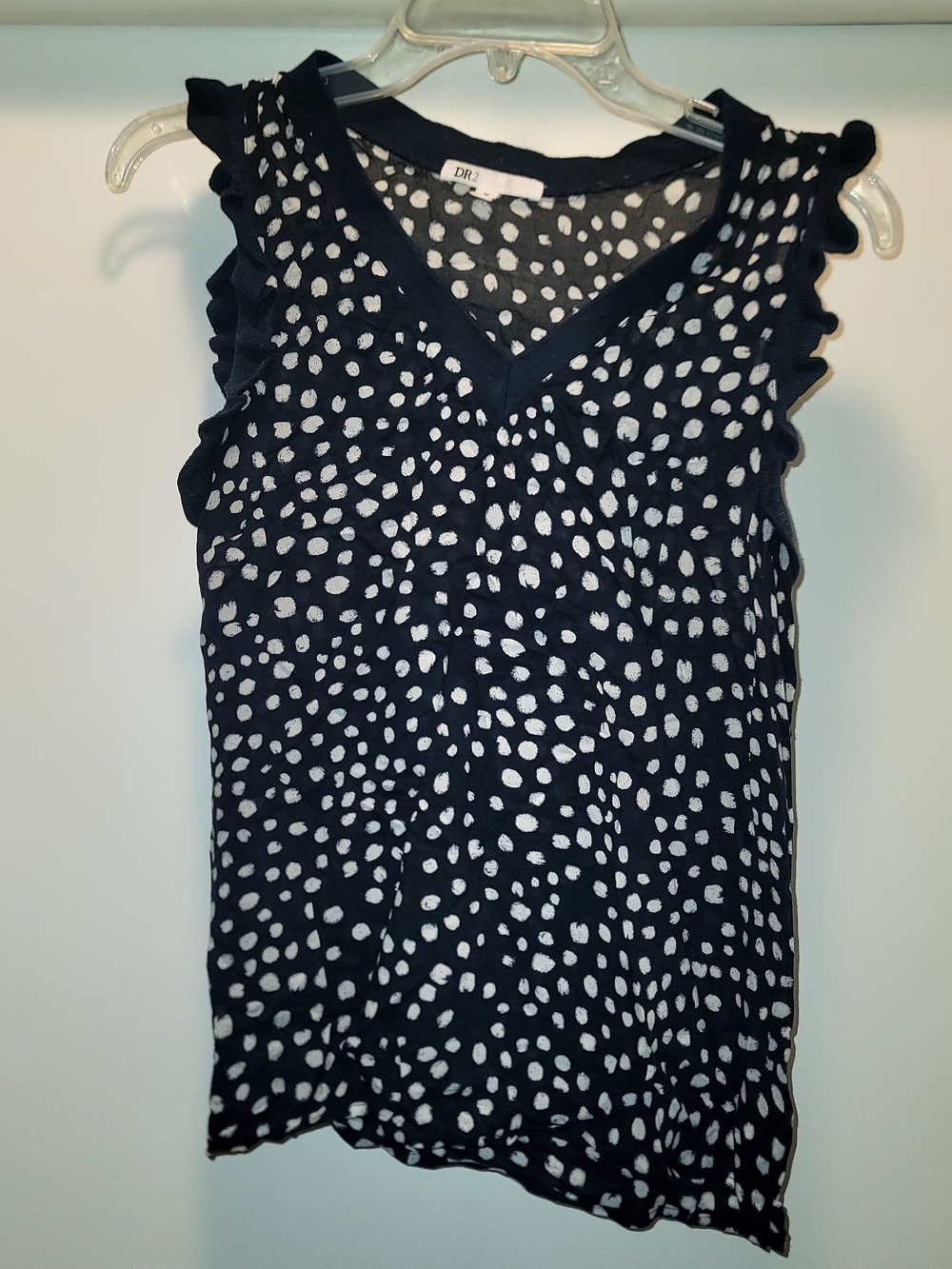DR2 Blue and White Polka Dot Ruffle Sleeve V-Neck Tank Top